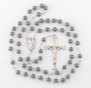 6mm Genuine Hematite Rosary, Sterling Silver