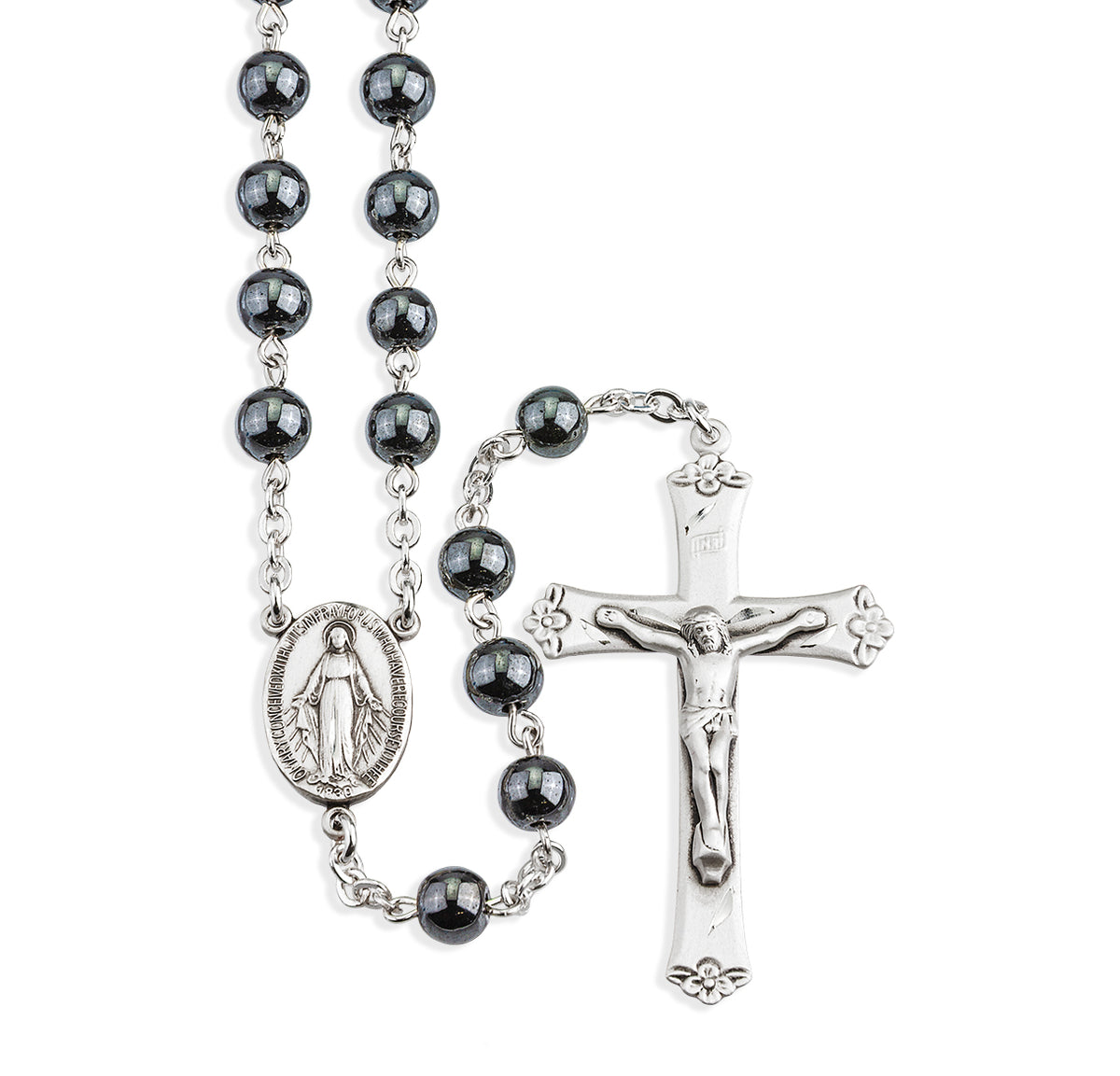 6mm Genuine Hematite Rosary, Sterling Silver