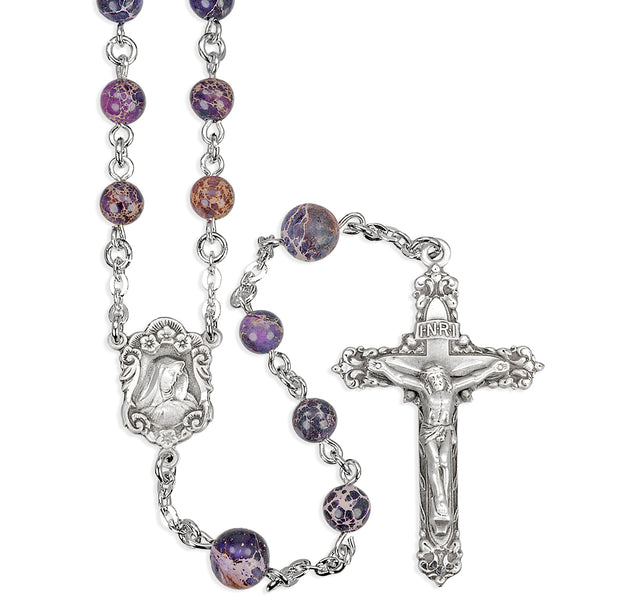 6mm Purple Imperial Jade Rosary, Sterling Silver