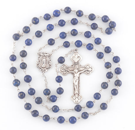 6mm Genuine Lapis Rosary, Sterling Silver