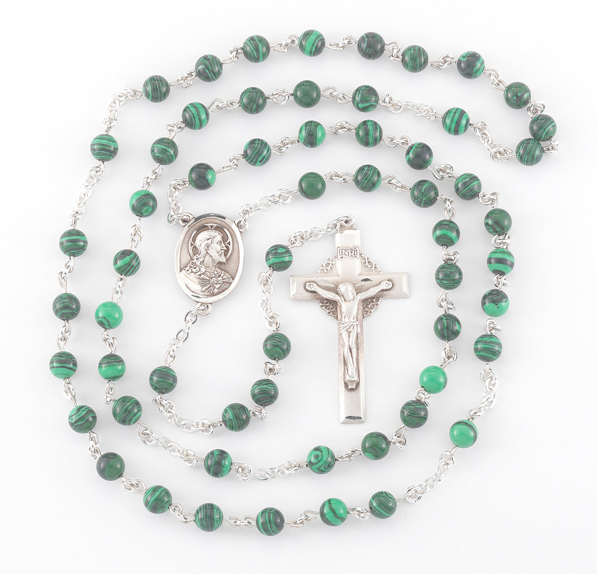 6mm Genuine Malachite Rosary, Sterling Silver