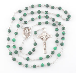 6mm Genuine Malachite Rosary, Sterling Silver