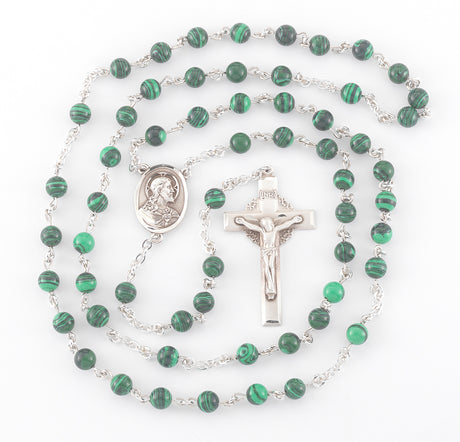 6mm Genuine Malachite Rosary, Sterling Silver