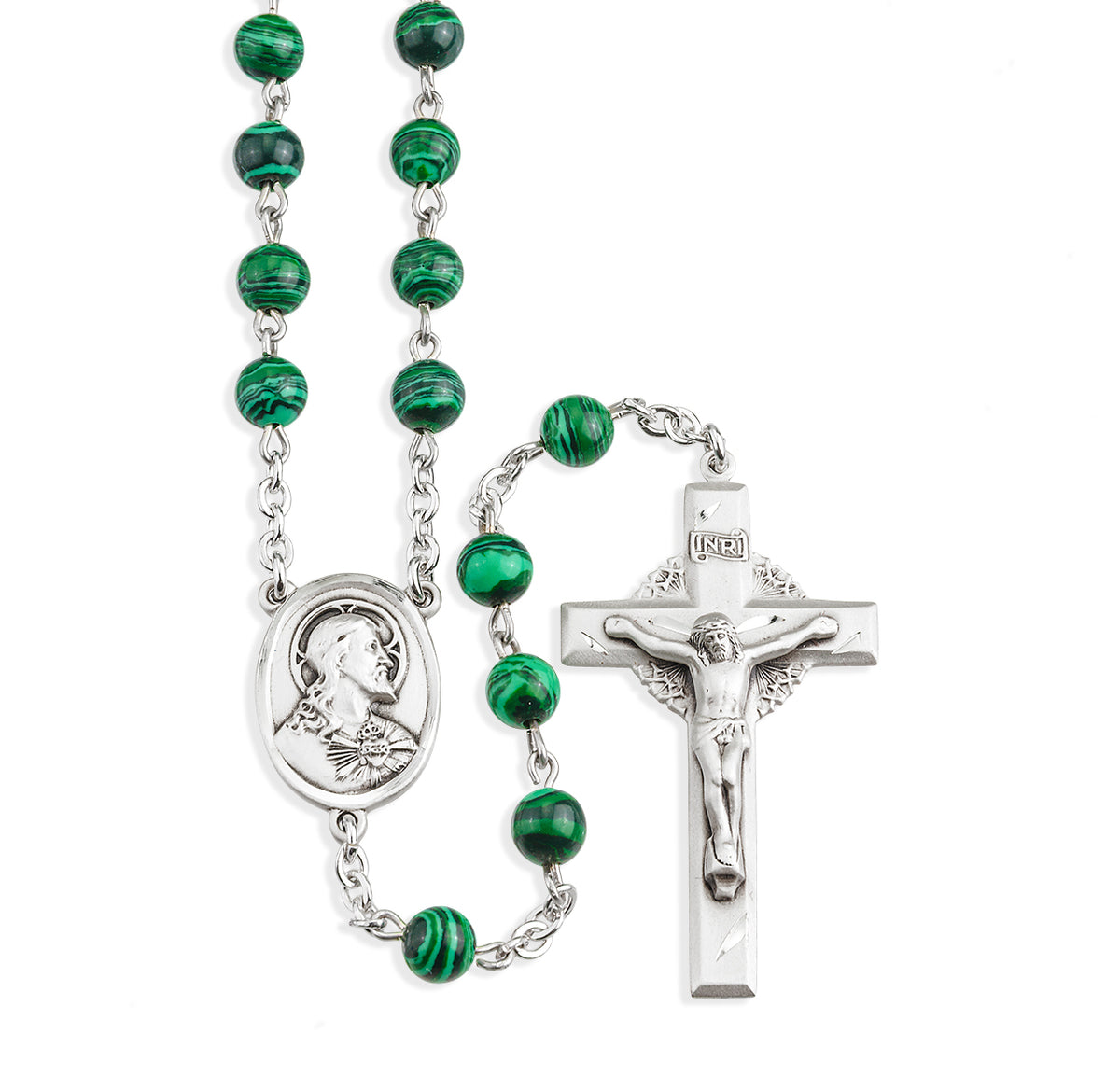 6mm Genuine Malachite Rosary, Sterling Silver