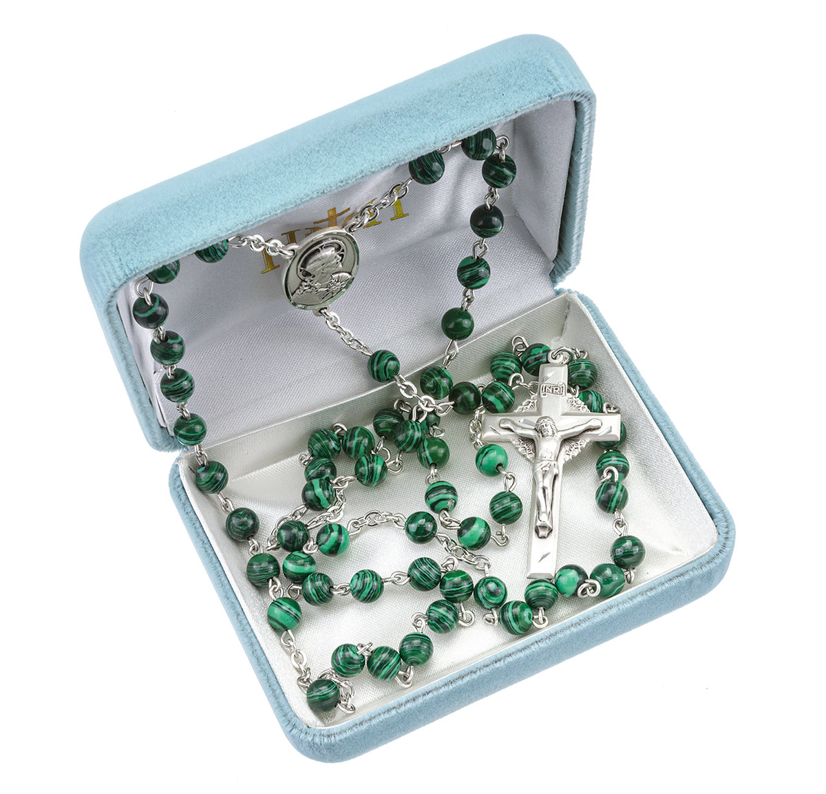6mm Genuine Malachite Rosary, Sterling Silver
