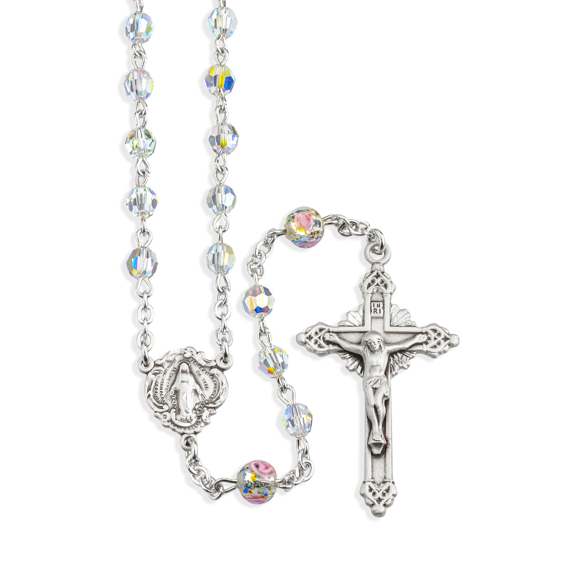 5mm Swarovski Crystal Rosary with Rose Bud Our Father Beads, Sterling Silver