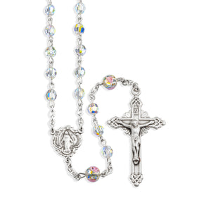 5mm Swarovski Crystal Rosary with Rose Bud Our Father Beads, Sterling Silver