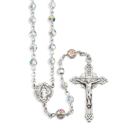 5mm Swarovski Crystal Rosary with Rose Bud Our Father Beads, Sterling Silver