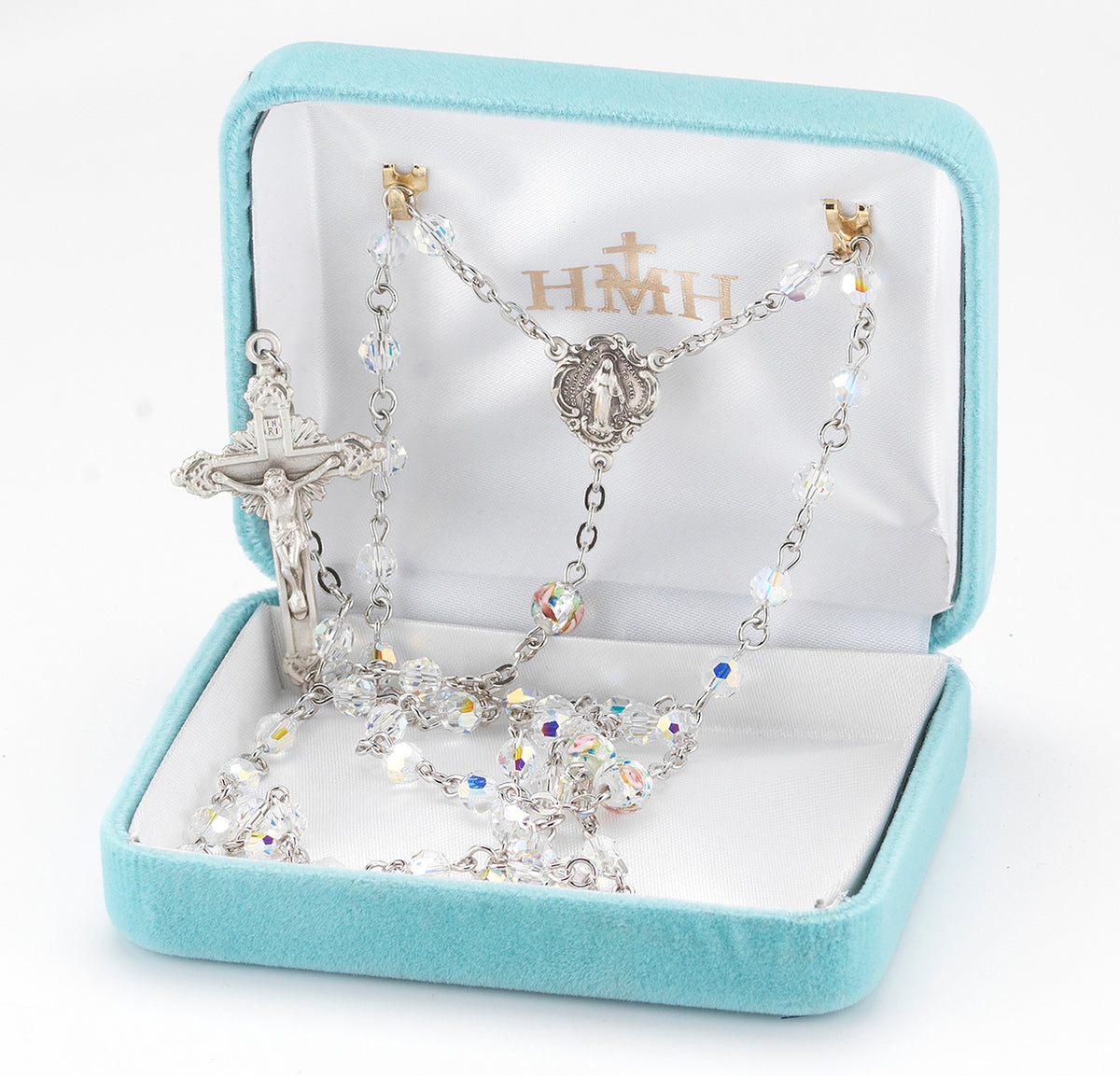 5mm Swarovski Crystal Rosary with Rose Bud Our Father Beads, Sterling Silver