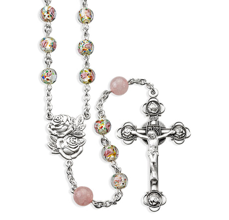 6mm Rose Embedded Glass Bead Rosary with Rose Quartz Our Father Beads, Sterling Silver