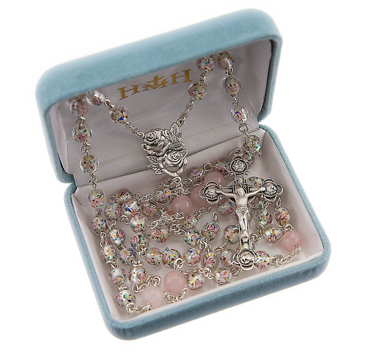 6mm Rose Embedded Glass Bead Rosary with Rose Quartz Our Father Beads, Sterling Silver