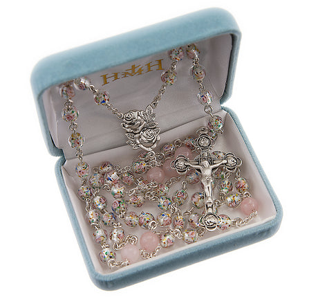 6mm Rose Embedded Glass Bead Rosary with Rose Quartz Our Father Beads, Sterling Silver