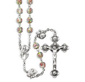 7mm Rose Embedded Glass Bead Rosary with Sterling Silver Rose Our Father Beads
