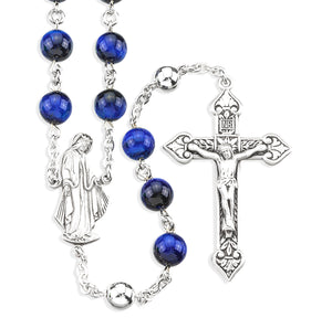 8mm Blue Tiger Eye Rosary, Sterling Silver
