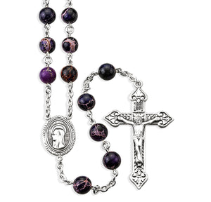 8mm Purple Imperial Jade Rosary, Sterling Silver