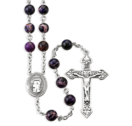 8mm Purple Imperial Jade Rosary, Sterling Silver