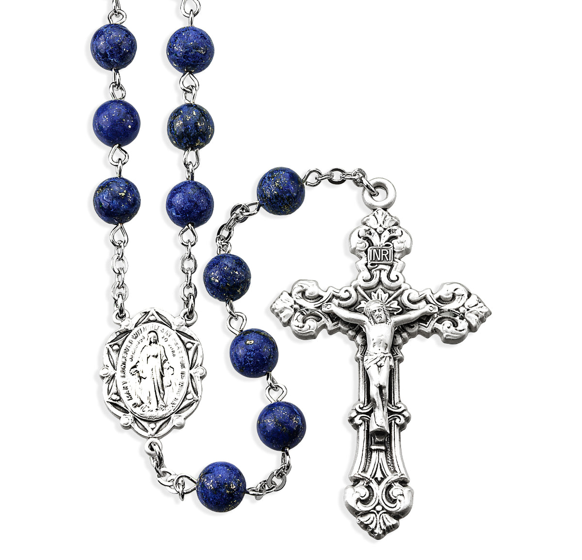 8mm Speckled Lapis Rosary, Sterling Silver