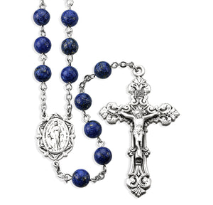 8mm Speckled Lapis Rosary, Sterling Silver