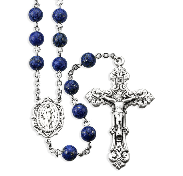 8mm Speckled Lapis Rosary, Sterling Silver