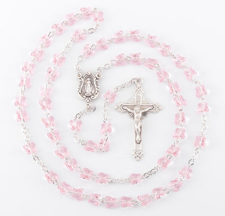 6mm Light Rose Swarovski Crystal Butterfly Bead Rosary, Sterling Silver