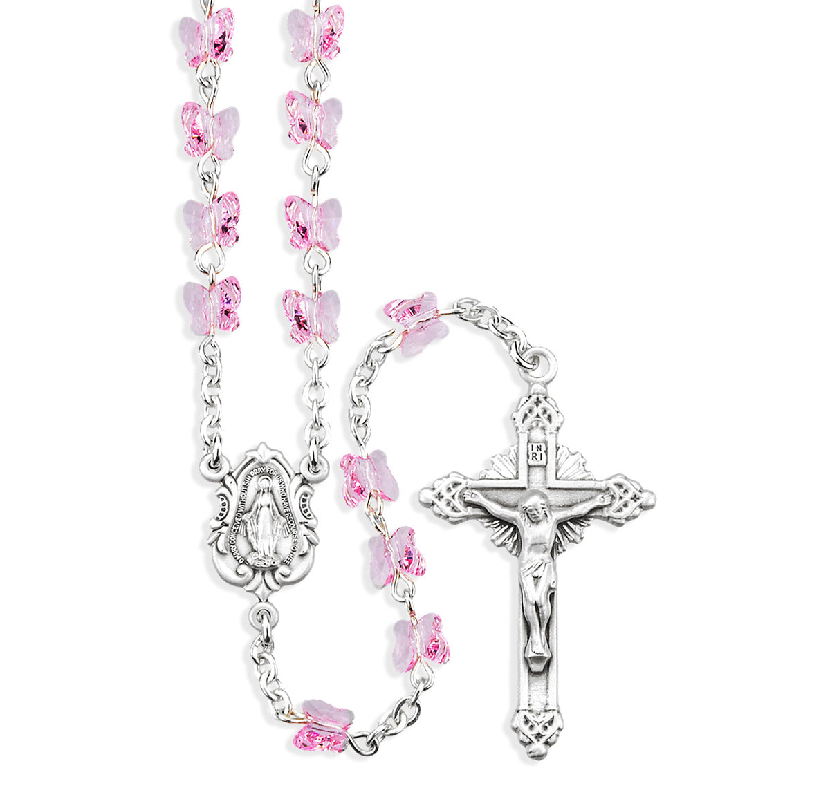 6mm Light Rose Swarovski Crystal Butterfly Bead Rosary, Sterling Silver