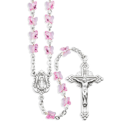 6mm Light Rose Swarovski Crystal Butterfly Bead Rosary, Sterling Silver
