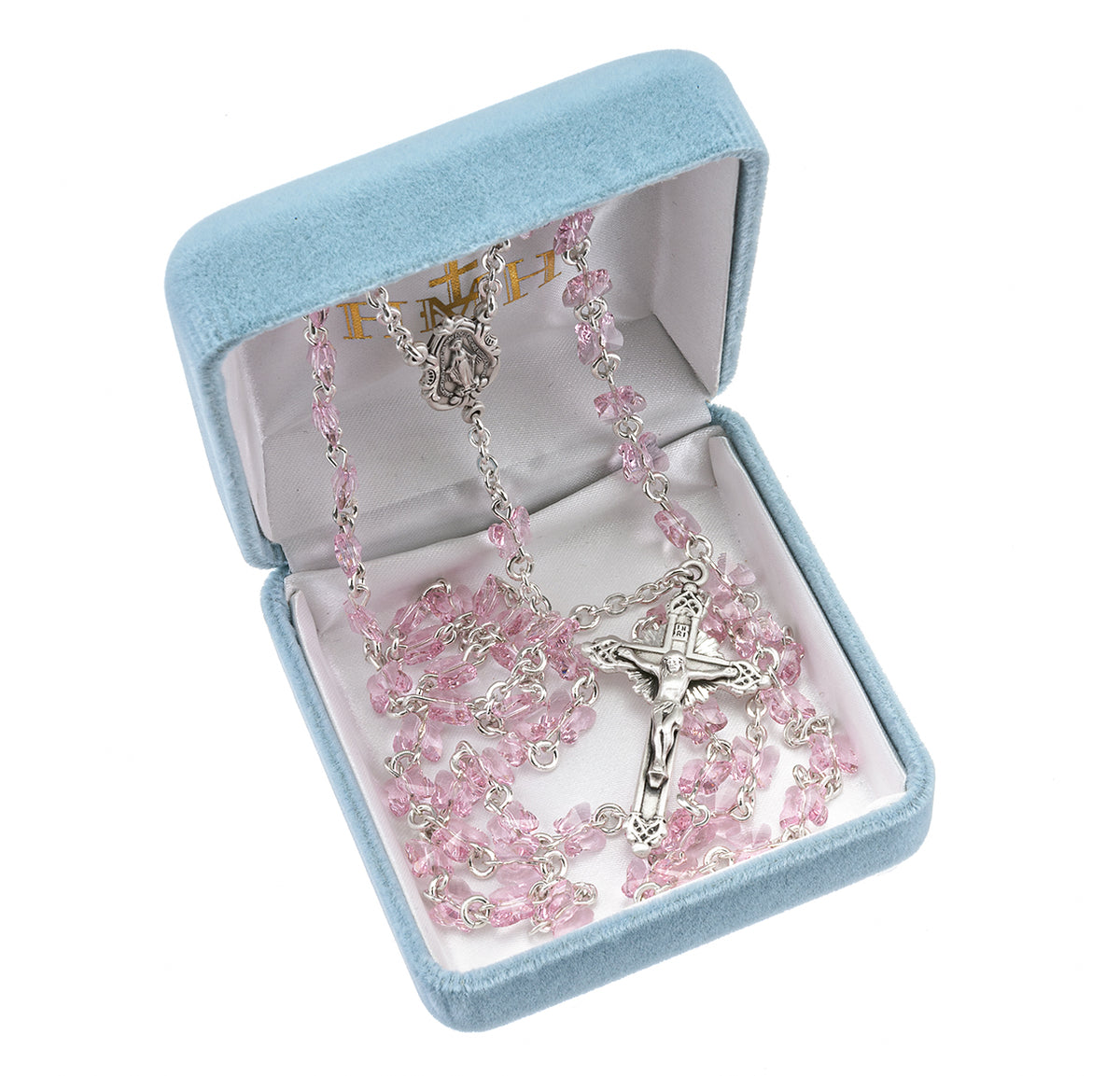 6mm Light Rose Swarovski Crystal Butterfly Bead Rosary, Sterling Silver