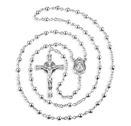 4mm High Polished Sterling Silver Bead Rosary with Miraculous Medal Center