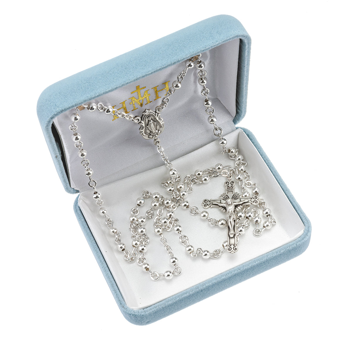 4mm High Polished Sterling Silver Bead Rosary with Miraculous Medal Center