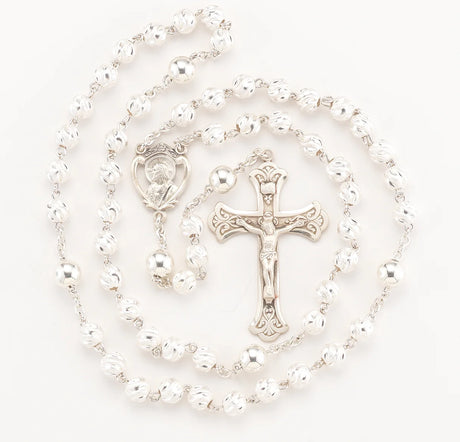 Sterling Silver Rosary, 7mm Frosted Swirl Beads & Scapular Center