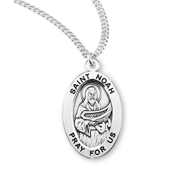 Saint Noah Oval Medal Necklace, Sterling Silver