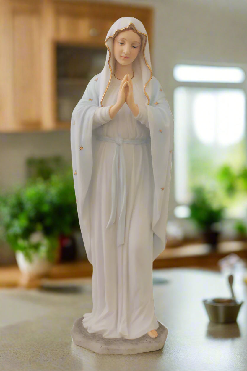 Praying Madonna Statue in Light Blue and Gold Stars - 11.75 inches