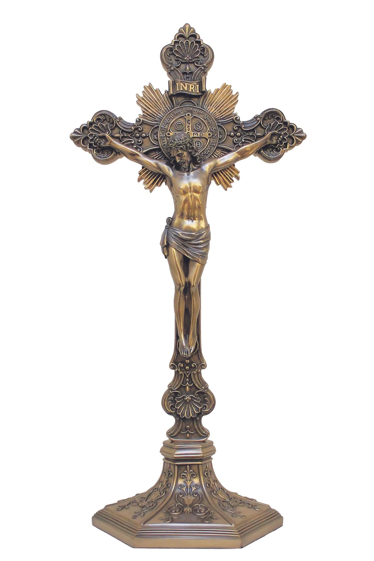 St. Benedict Crucifix, Cold-Cast Bronze, 24-Inch Standing or 22-Inch Wall Hanging