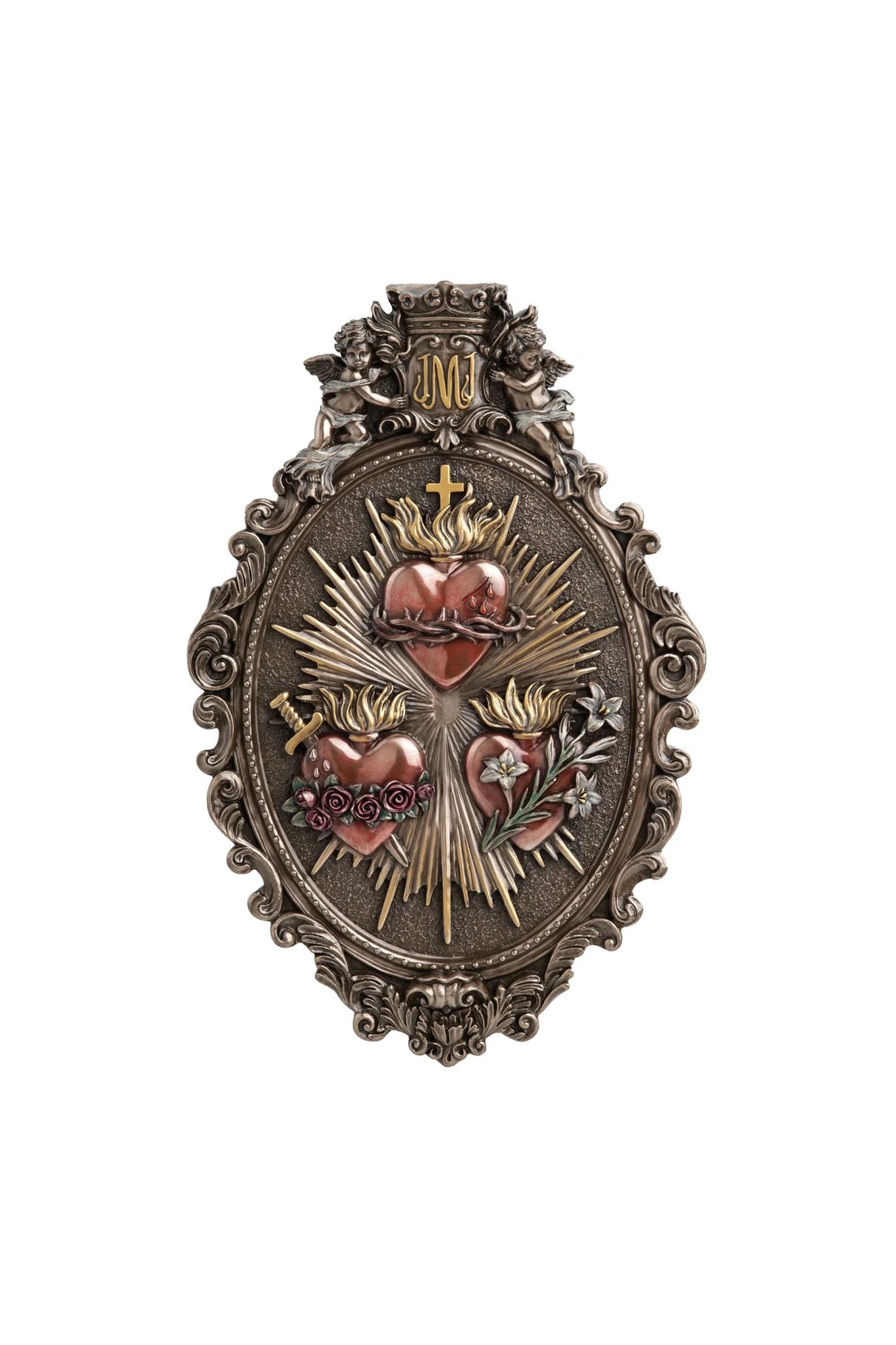 Three Hearts Plaque – Hand-Painted Cold Cast Bronze, 9x14"