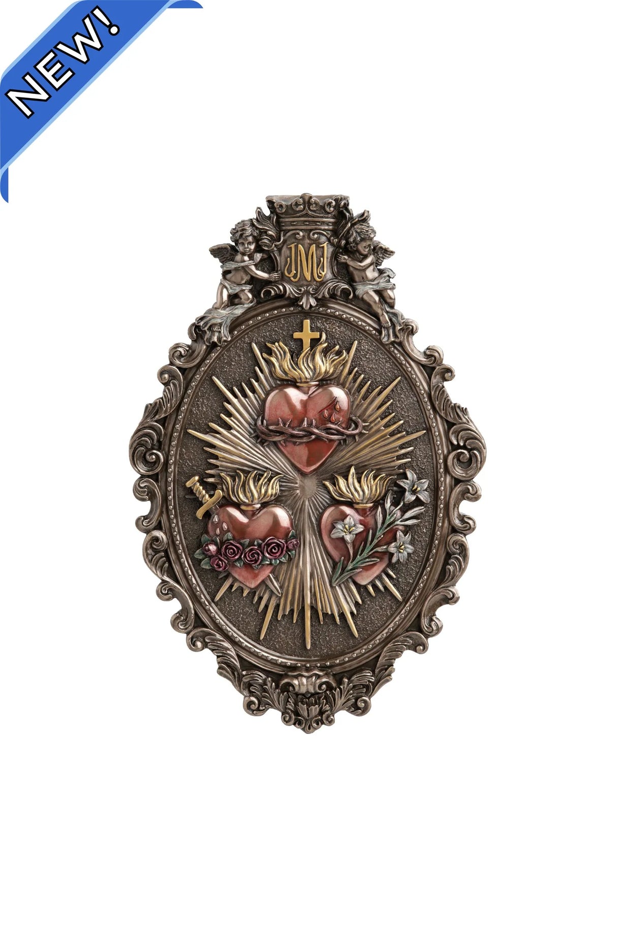 Three Hearts Plaque – Hand-Painted Cold Cast Bronze, 9x14"