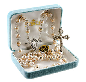 8mm Light Rose Imitation Pearl Double Capped Bead Rosary, Sterling Silver Crucifix and Center