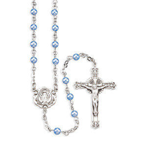 4mm Blue Swarovski Crystal Pearl Rosary, Sterling Silver Crucifix and Center