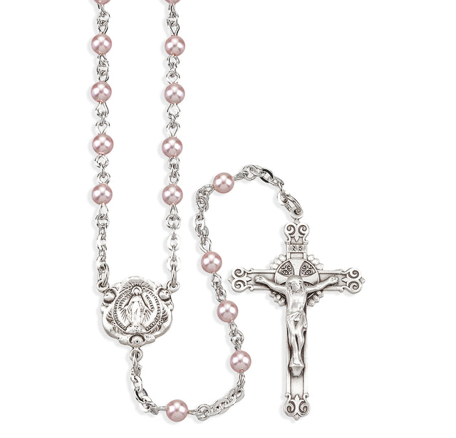 4mm Pink Swarovski Crystal Pearl Rosary, Sterling Silver Crucifix and Center