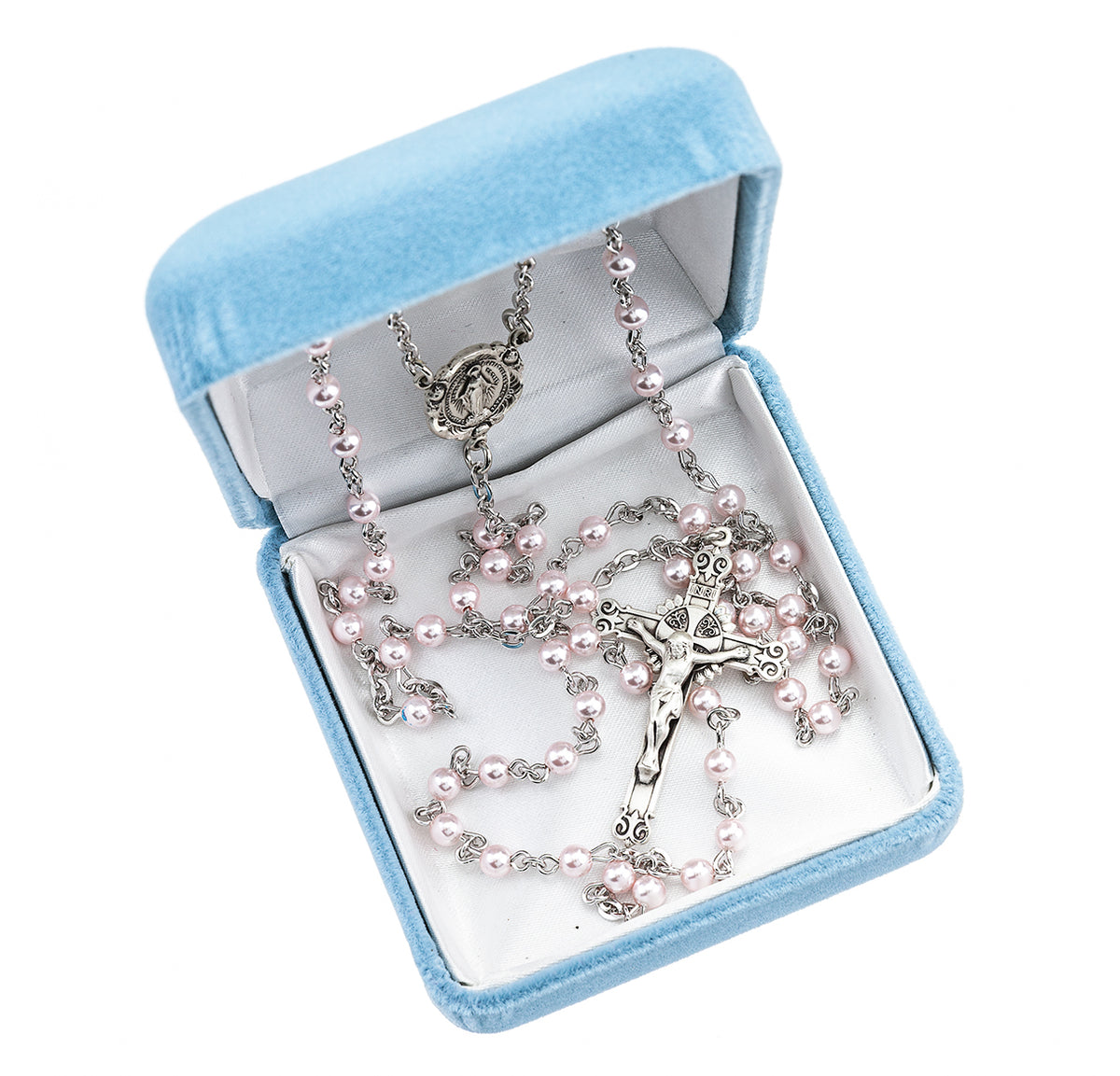 4mm Pink Swarovski Crystal Pearl Rosary, Sterling Silver Crucifix and Center
