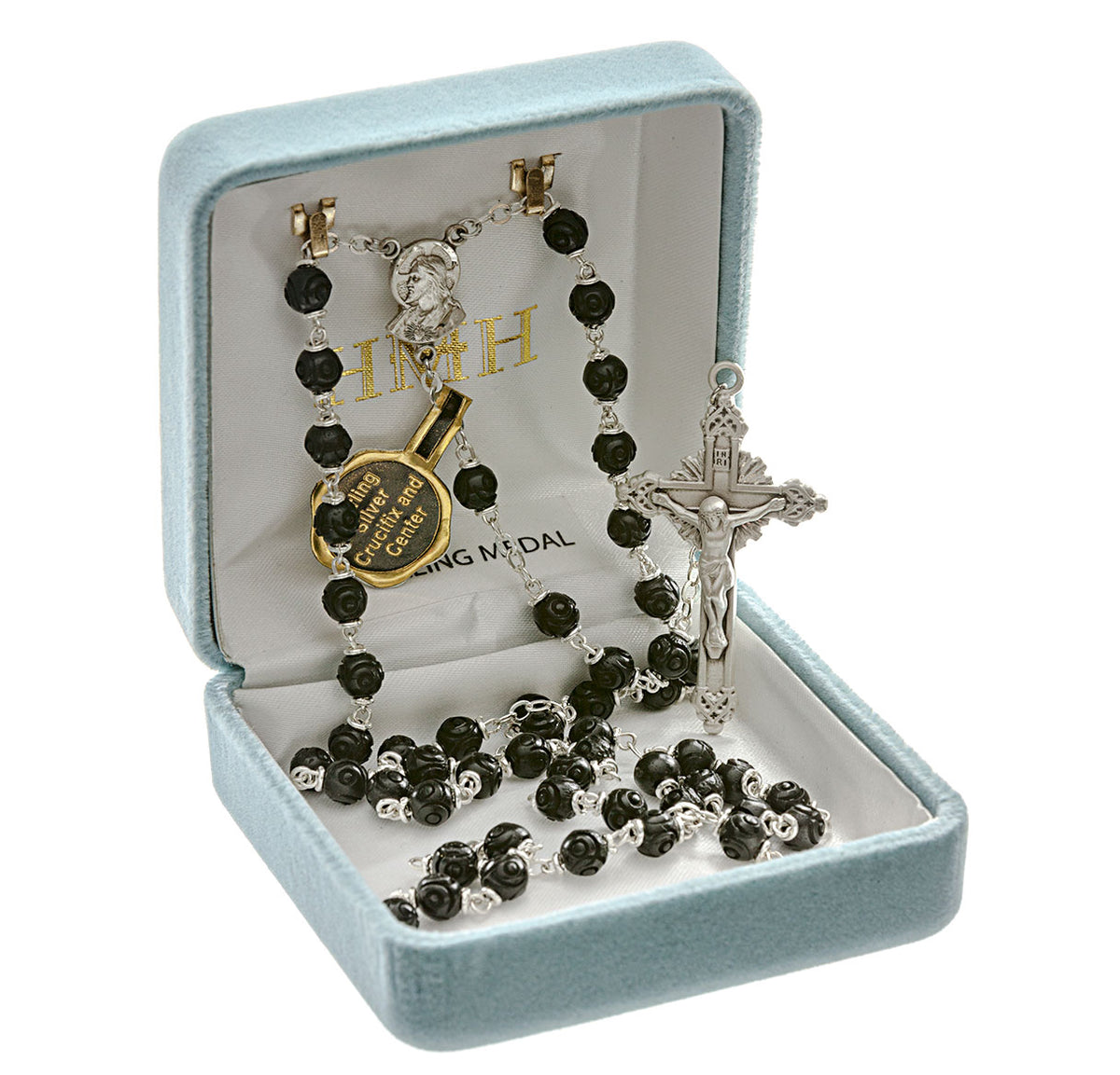 Black Carved Genuine Cocoa Bead Rosary, Sterling Silver Crucifix and Center