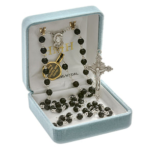 Black Carved Genuine Cocoa Bead Rosary, Sterling Silver Crucifix and Center