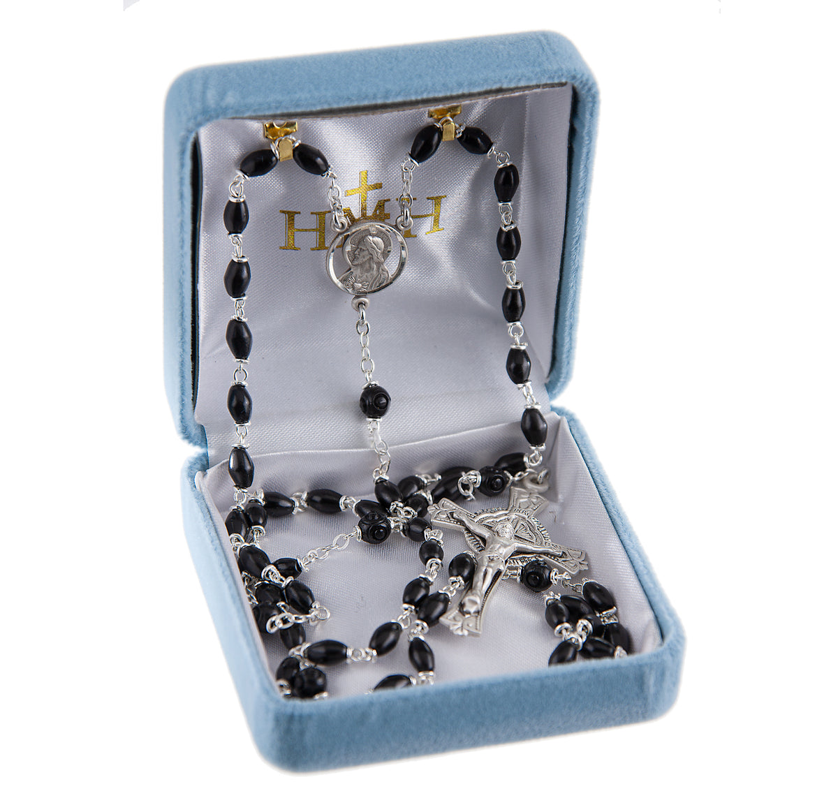 Black Cocoa Bead Scapular Rosary, Sterling Silver Crucifix and Center