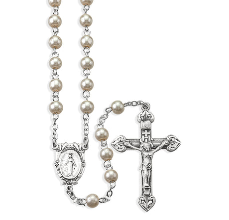5mm Imitation Pearl Bead Rosary, Sterling Silver Crucifix and Center