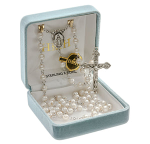 5mm Imitation Pearl Bead Rosary, Sterling Silver Crucifix and Center