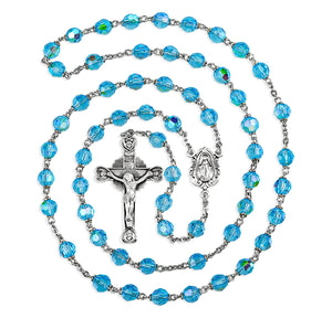 6mm Tin Cut Aqua Czech Crystal Aurora Bead Rosary, Sterling Silver Crucifix and Center