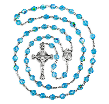 6mm Tin Cut Aqua Czech Crystal Aurora Bead Rosary, Sterling Silver Crucifix and Center