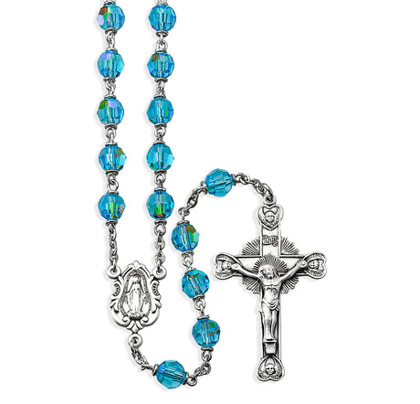 6mm Tin Cut Aqua Czech Crystal Aurora Bead Rosary, Sterling Silver Crucifix and Center
