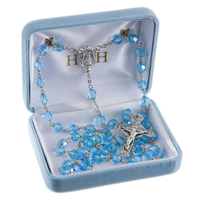 6mm Tin Cut Aqua Czech Crystal Aurora Bead Rosary, Sterling Silver Crucifix and Center