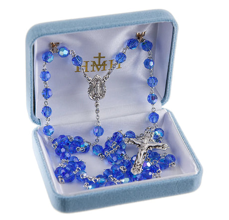 Sapphire Blue Crystal Rosary, 6mm Beads & Sterling Silver Details