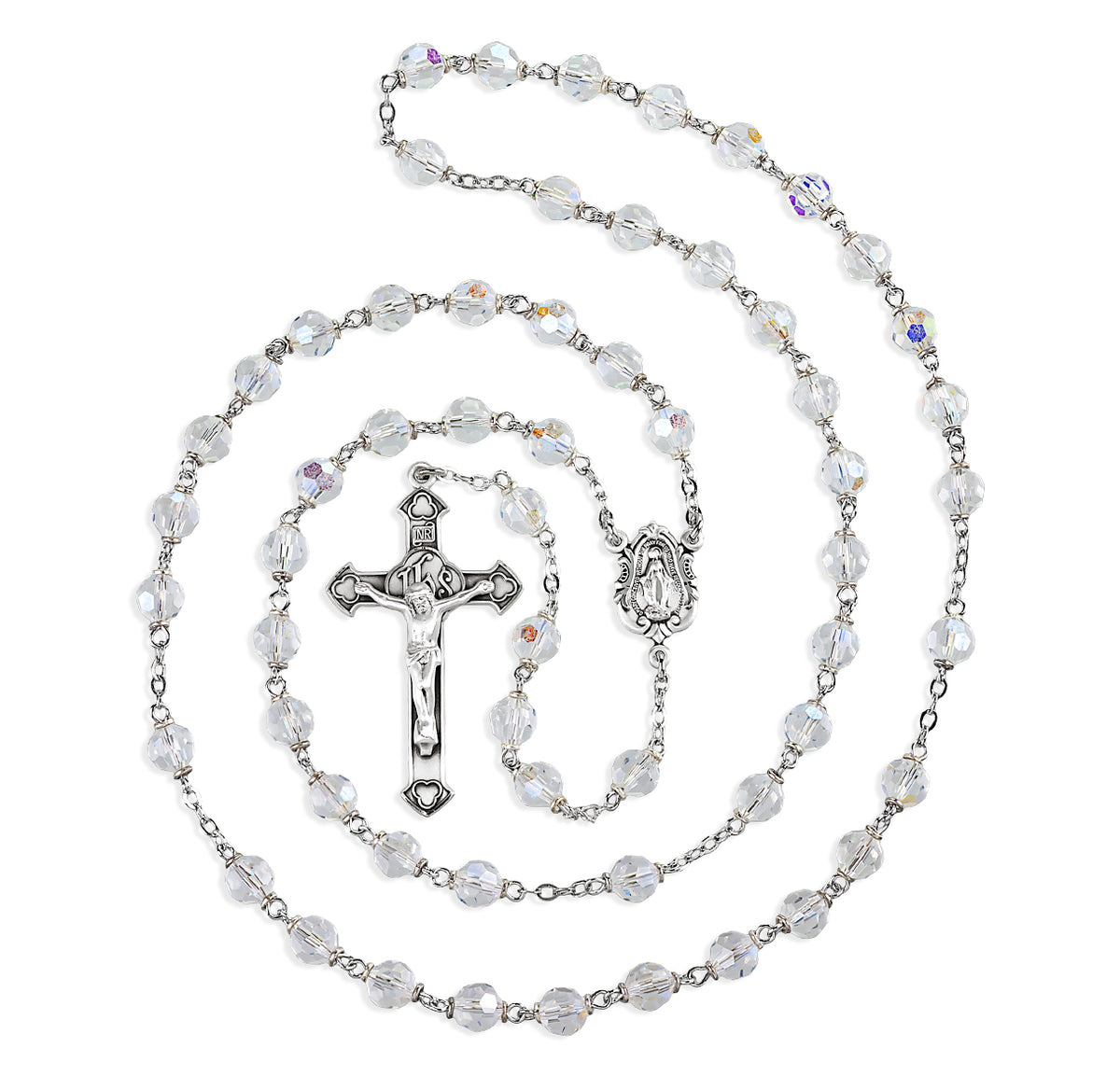 6mm Tin Cut Clear Czech Crystal Bead Rosary, Sterling Silver Crucifix and Center